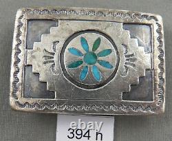 Early Stamped Turquoise Inlay Sterling Silver Navajo Buckle