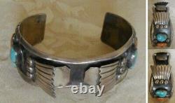 Early Sterling Coral & Turquoise Watch Cuff Bracelet Native American Signed EFL