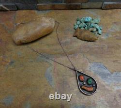 Early Super Navajo Sterling Turquoise Red Coral Pendant Necklace Native Old Pawn