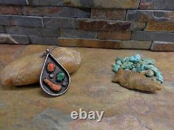 Early Super Navajo Sterling Turquoise Red Coral Pendant Necklace Native Old Pawn