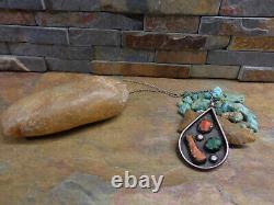 Early Super Navajo Sterling Turquoise Red Coral Pendant Necklace Native Old Pawn