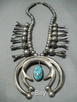 Early Superior Vintage Navajo Turquoise Sterling Silver Squash Blossom Necklace