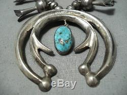 Early Superior Vintage Navajo Turquoise Sterling Silver Squash Blossom Necklace