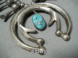 Early Superior Vintage Navajo Turquoise Sterling Silver Squash Blossom Necklace