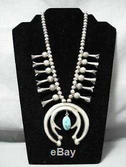 Early Superior Vintage Navajo Turquoise Sterling Silver Squash Blossom Necklace