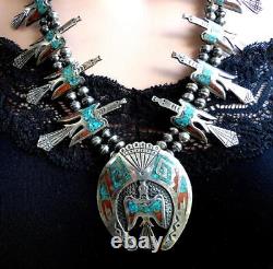 Early TOMMY & WM. SINGER Navajo PEYOTE BIRD Chip Inlay Squash Blossom Necklace