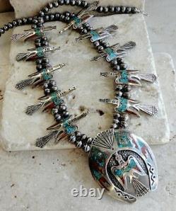 Early TOMMY & WM. SINGER Navajo PEYOTE BIRD Chip Inlay Squash Blossom Necklace