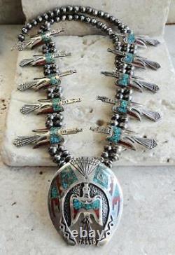 Early TOMMY & WM. SINGER Navajo PEYOTE BIRD Chip Inlay Squash Blossom Necklace