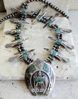 Early TOMMY & WM. SINGER Navajo PEYOTE BIRD Chip Inlay Squash Blossom Necklace