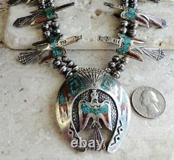 Early TOMMY & WM. SINGER Navajo PEYOTE BIRD Chip Inlay Squash Blossom Necklace