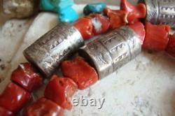 Early TONY AGUILAR Sr. KEWA Necklace STERLING/COIN SILVER-TURQUOISE-CORAL Signed