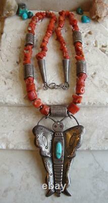 Early TONY AGUILAR Sr. KEWA Necklace STERLING/COIN SILVER-TURQUOISE-CORAL Signed