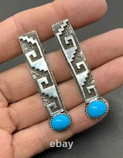 Early Tommy Jackson Signed Navajo Sterling Silver Turquoise Drop Dangle Earrings