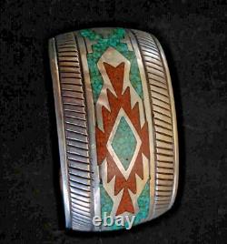 Early Tommy Singer Navajo Cuff Bracelet Silver Turquoise Coral Inlay