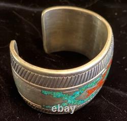 Early Tommy Singer Navajo Cuff Bracelet Silver Turquoise Coral Inlay