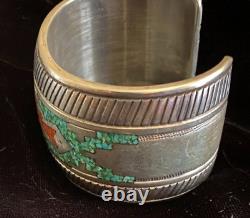 Early Tommy Singer Navajo Cuff Bracelet Silver Turquoise Coral Inlay