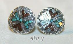 Early Tommy Singer Navajo Sterling Silver Turquoise Heart Earrings Signed S