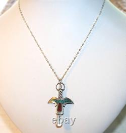 Early Tommy Singer Sterling Silver Coral Peyote Bird Pendant Necklace Signed T