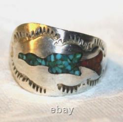 Early Tommy Singer Sterling Silver Turquoise Coral Chip Peyote Bird Ring Sz 6.5