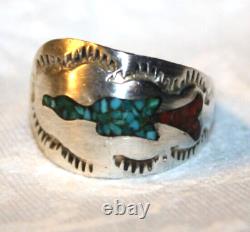 Early Tommy Singer Sterling Silver Turquoise Coral Chip Peyote Bird Ring Sz 6.5