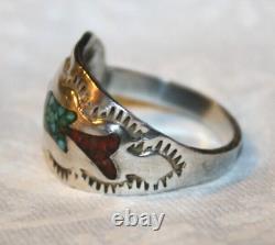 Early Tommy Singer Sterling Silver Turquoise Coral Chip Peyote Bird Ring Sz 6.5