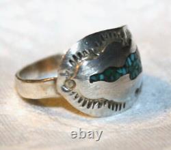 Early Tommy Singer Sterling Silver Turquoise Coral Chip Peyote Bird Ring Sz 6.5