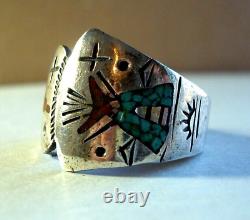 Early Tommy Singer Sterling Silver Turquoise Coral Chip Peyote Bird Teepee Ring