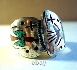 Early Tommy Singer Sterling Silver Turquoise Coral Chip Peyote Bird Teepee Ring