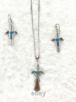 Early Tommy Singer Turquoise Coral Chip Inlay Necklace Earrings Set Navajo