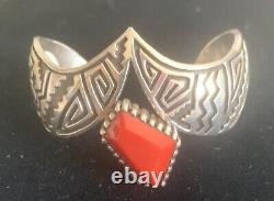 Early Vernon Haskie -Navajo Faceted Coral Cuff Bracelet Sterling Silver
