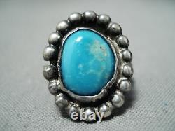 Early Vintage Navajo Blue Gem Turquoise Sterling Silver Ring Old