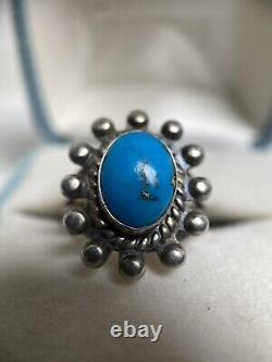 Early Vintage Navajo Blue Turquoise Sterling Silver Beaded Sun Ring Old Antique