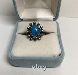 Early Vintage Navajo Blue Turquoise Sterling Silver Beaded Sun Ring Old Antique