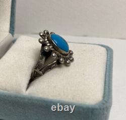 Early Vintage Navajo Blue Turquoise Sterling Silver Beaded Sun Ring Old Antique