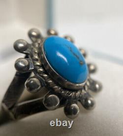 Early Vintage Navajo Blue Turquoise Sterling Silver Beaded Sun Ring Old Antique