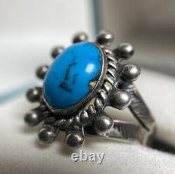 Early Vintage Navajo Blue Turquoise Sterling Silver Beaded Sun Ring Old Antique