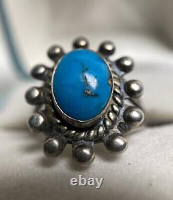 Early Vintage Navajo Blue Turquoise Sterling Silver Beaded Sun Ring Old Antique