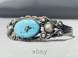 Early Vintage Navajo Blue Turquoise Sterling Silver Bracelet Old
