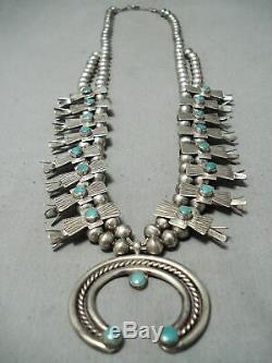 Early Vintage Navajo Cerrillos Turquoise Sterling Silver Squash Blossom Necklace