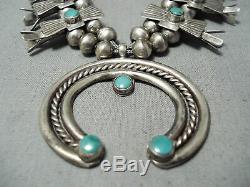 Early Vintage Navajo Cerrillos Turquoise Sterling Silver Squash Blossom Necklace