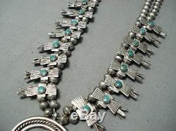 Early Vintage Navajo Cerrillos Turquoise Sterling Silver Squash Blossom Necklace