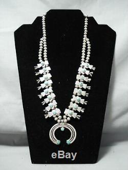 Early Vintage Navajo Cerrillos Turquoise Sterling Silver Squash Blossom Necklace