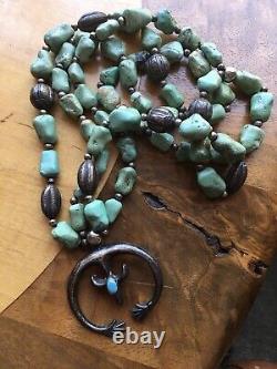 Early Vintage Navajo Chinese Turquoise Sterling Silver Squash Blossom Necklace