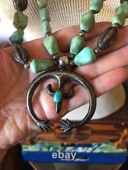 Early Vintage Navajo Chinese Turquoise Sterling Silver Squash Blossom Necklace