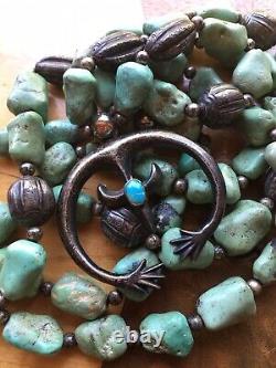 Early Vintage Navajo Chinese Turquoise Sterling Silver Squash Blossom Necklace