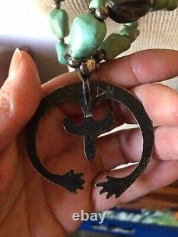 Early Vintage Navajo Chinese Turquoise Sterling Silver Squash Blossom Necklace