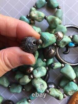Early Vintage Navajo Chinese Turquoise Sterling Silver Squash Blossom Necklace