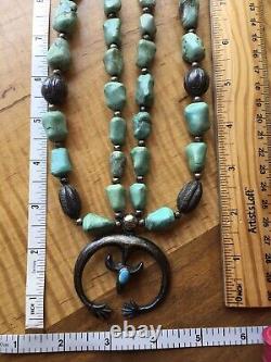 Early Vintage Navajo Chinese Turquoise Sterling Silver Squash Blossom Necklace