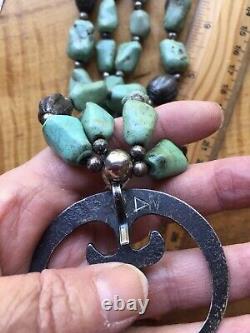 Early Vintage Navajo Chinese Turquoise Sterling Silver Squash Blossom Necklace
