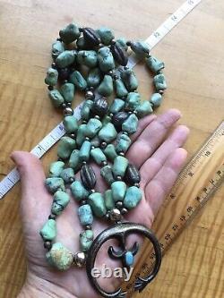 Early Vintage Navajo Chinese Turquoise Sterling Silver Squash Blossom Necklace